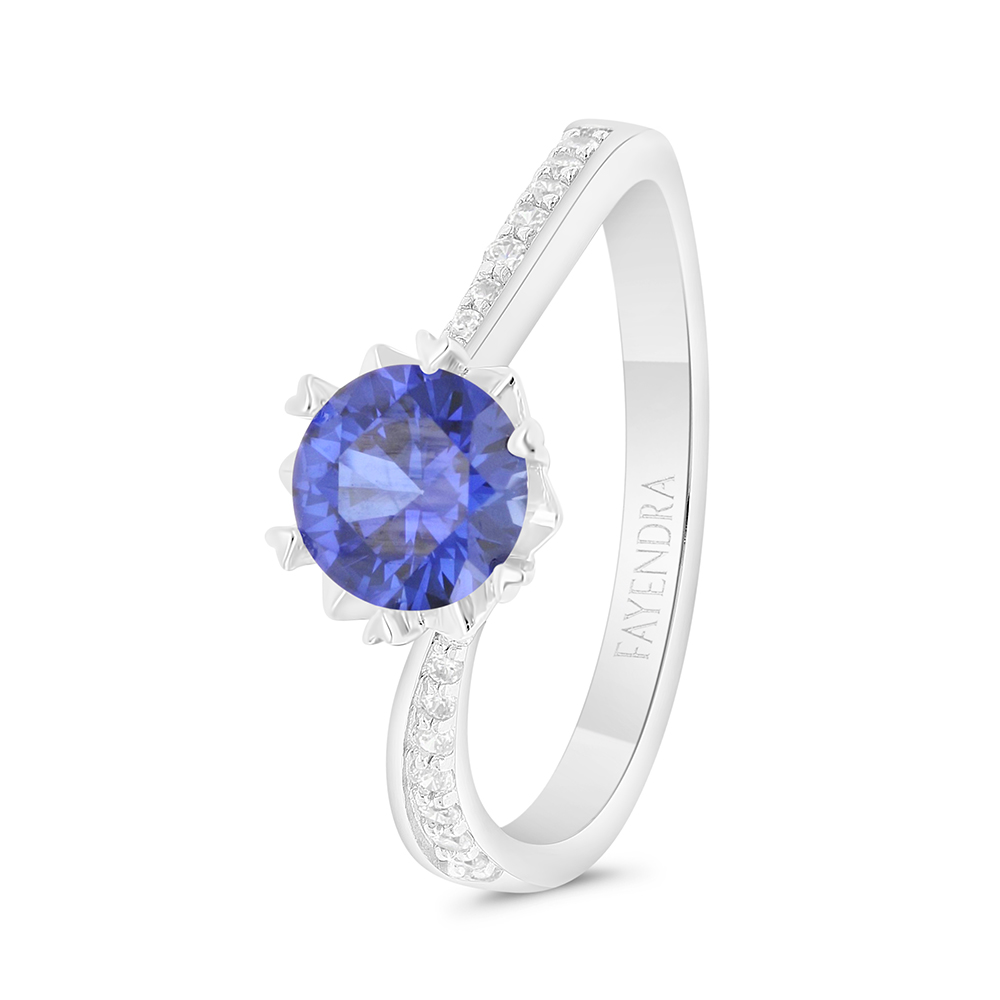 Sterling Silver 925 Ring Rhodium Plated Embedded With Sapphire Corundum And White Zircon