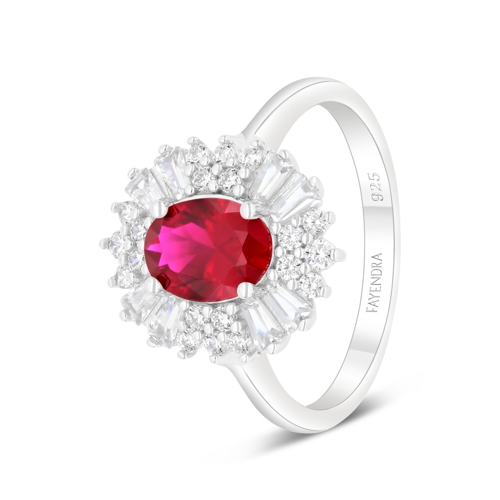 Sterling Silver 925 Ring  Rhodium Plated Embedded With Ruby Corundum And White Zircon