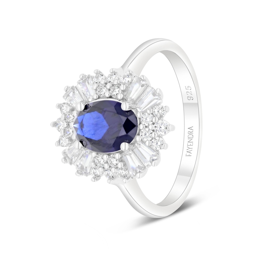 Sterling Silver 925 Ring Rhodium Plated Embedded With Sapphire Corundum And White Zircon