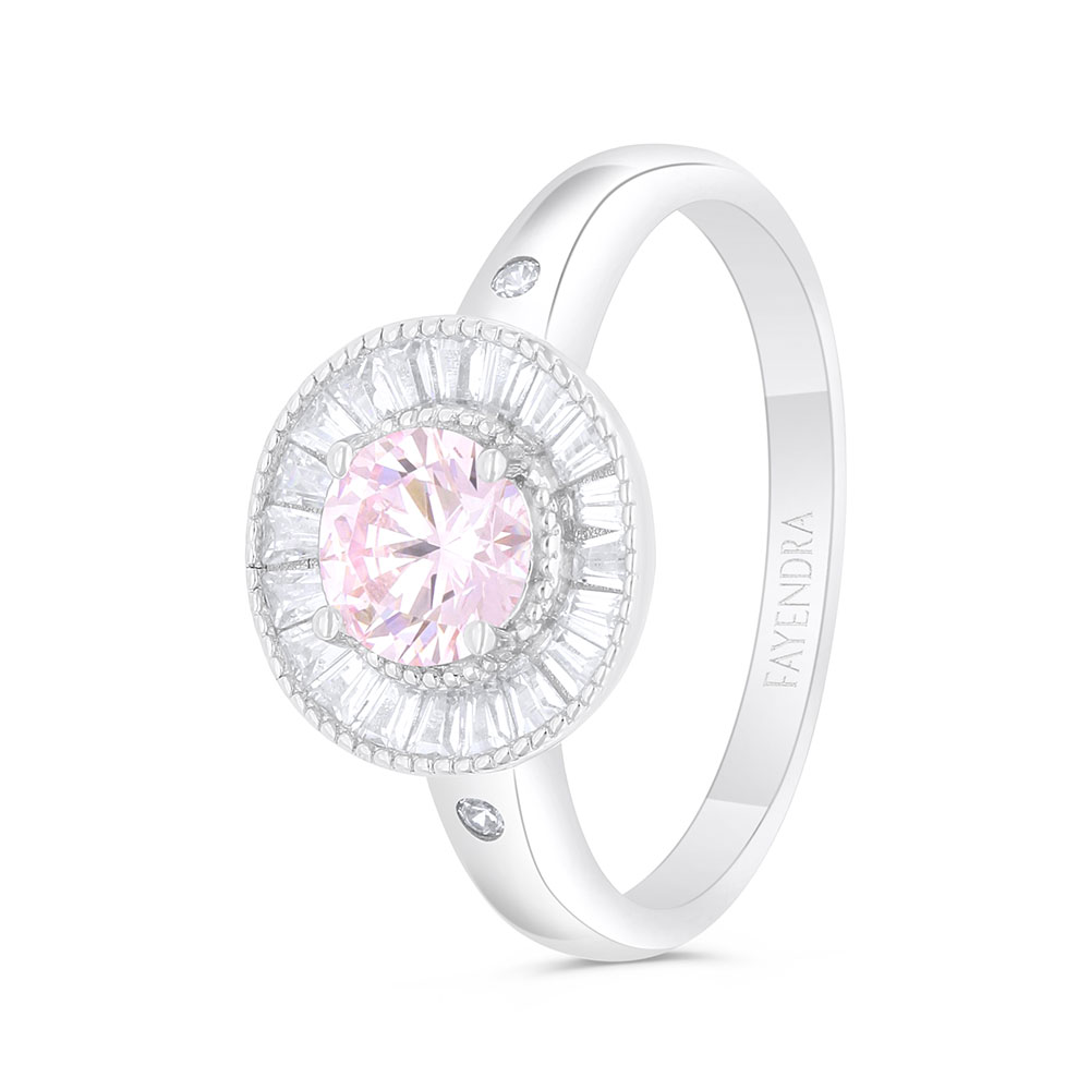 Sterling Silver 925 Ring Rhodium Plated Embedded With Pink Zircon And White Zircon