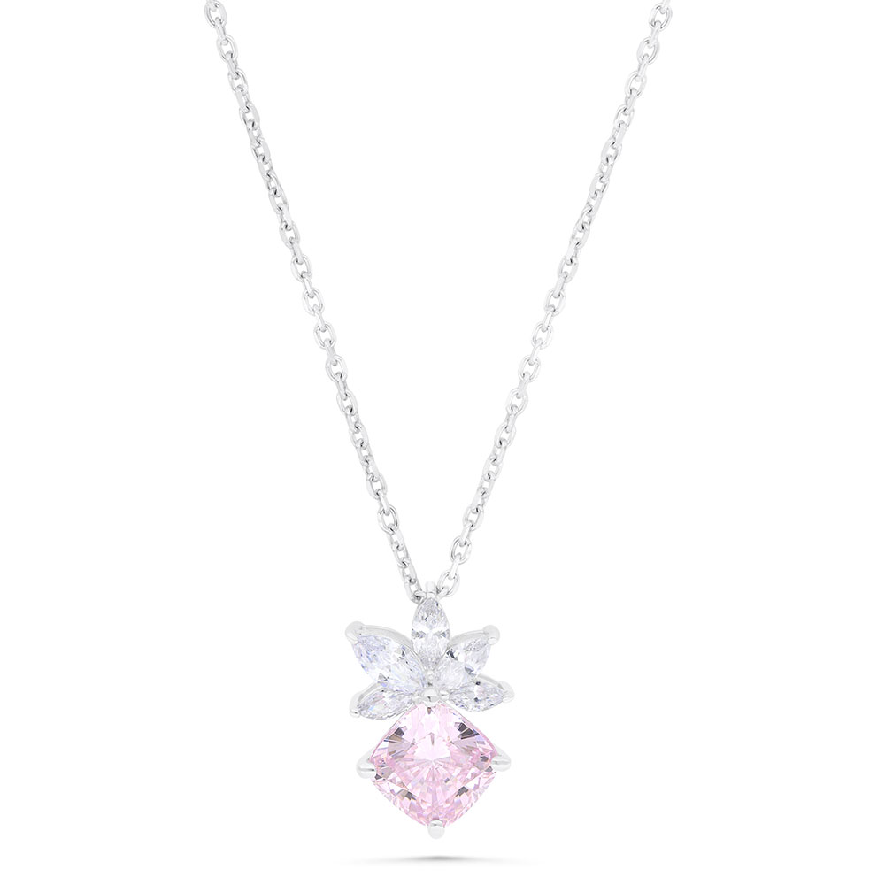 Sterling Silver 925 Necklace Rhodium Plated Embedded With Pink Zircon And White Zircon