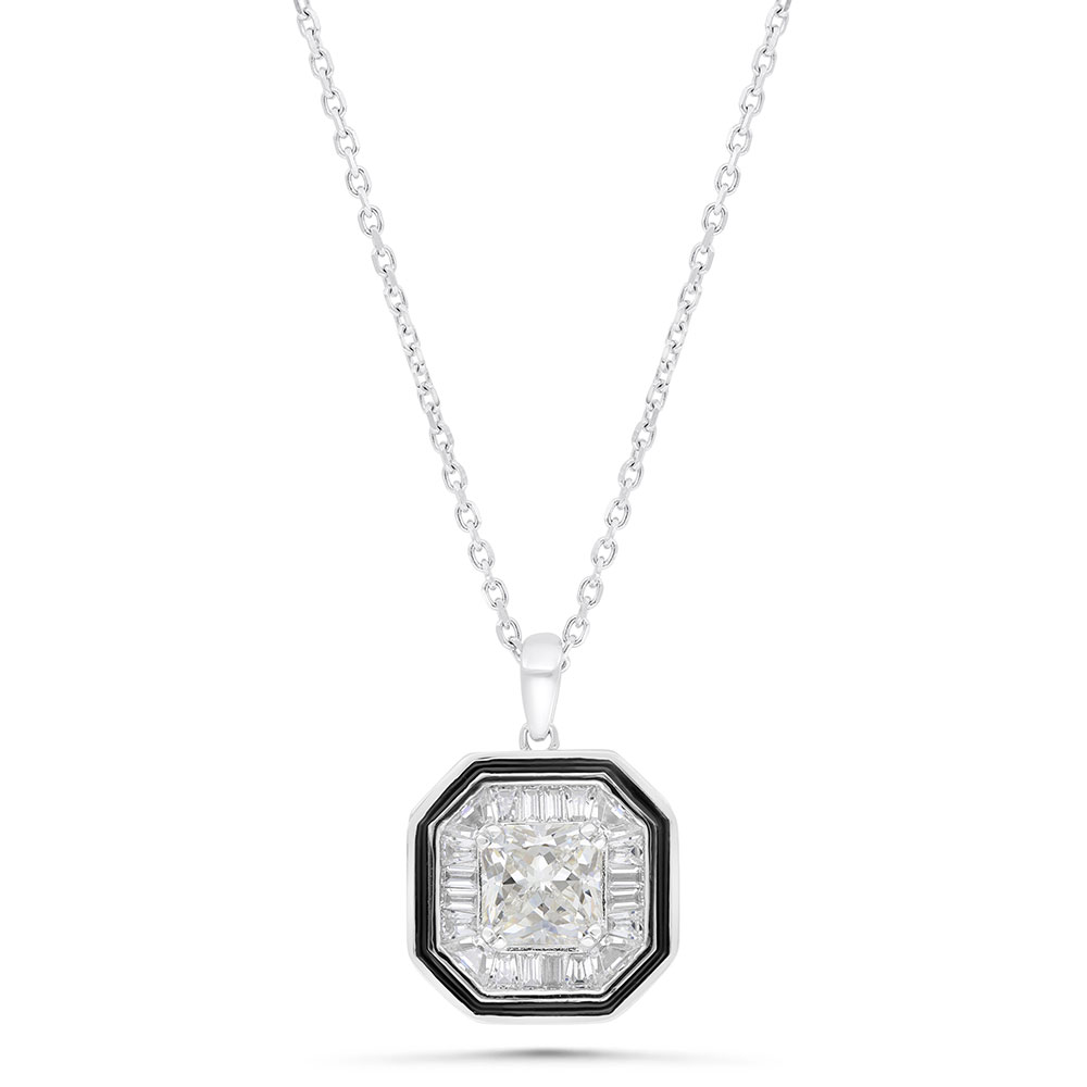 Sterling Silver 925 Necklace Rhodium Plated Embedded With Yellow Zircon And White Zircon