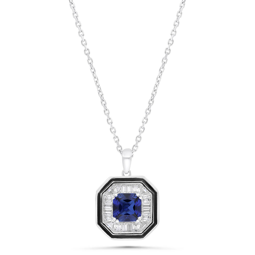 Sterling Silver 925 Necklace Rhodium Plated Embedded With Sapphire Corundum And White Zircon