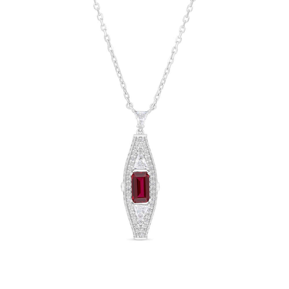 Sterling Silver 925 Necklace Rhodium Plated Embedded With Ruby Corundum And White Zircon