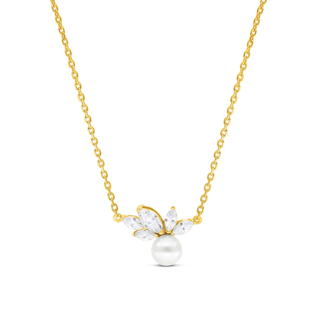 Sterling Silver 925 Necklace Gold Plated Embedded With Shell White Pearl And White Zircon
