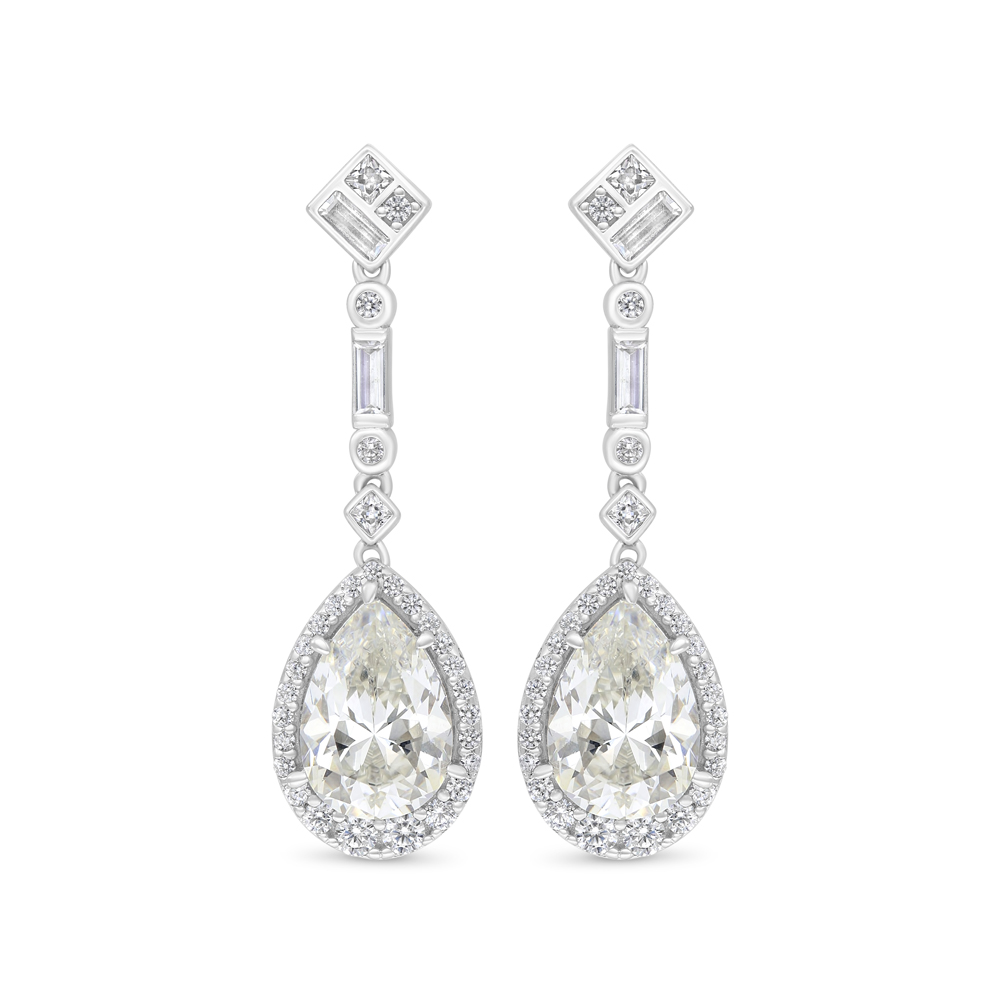 Sterling Silver 925 Earring Rhodium Plated Embedded With Yellow Zircon And White Zircon