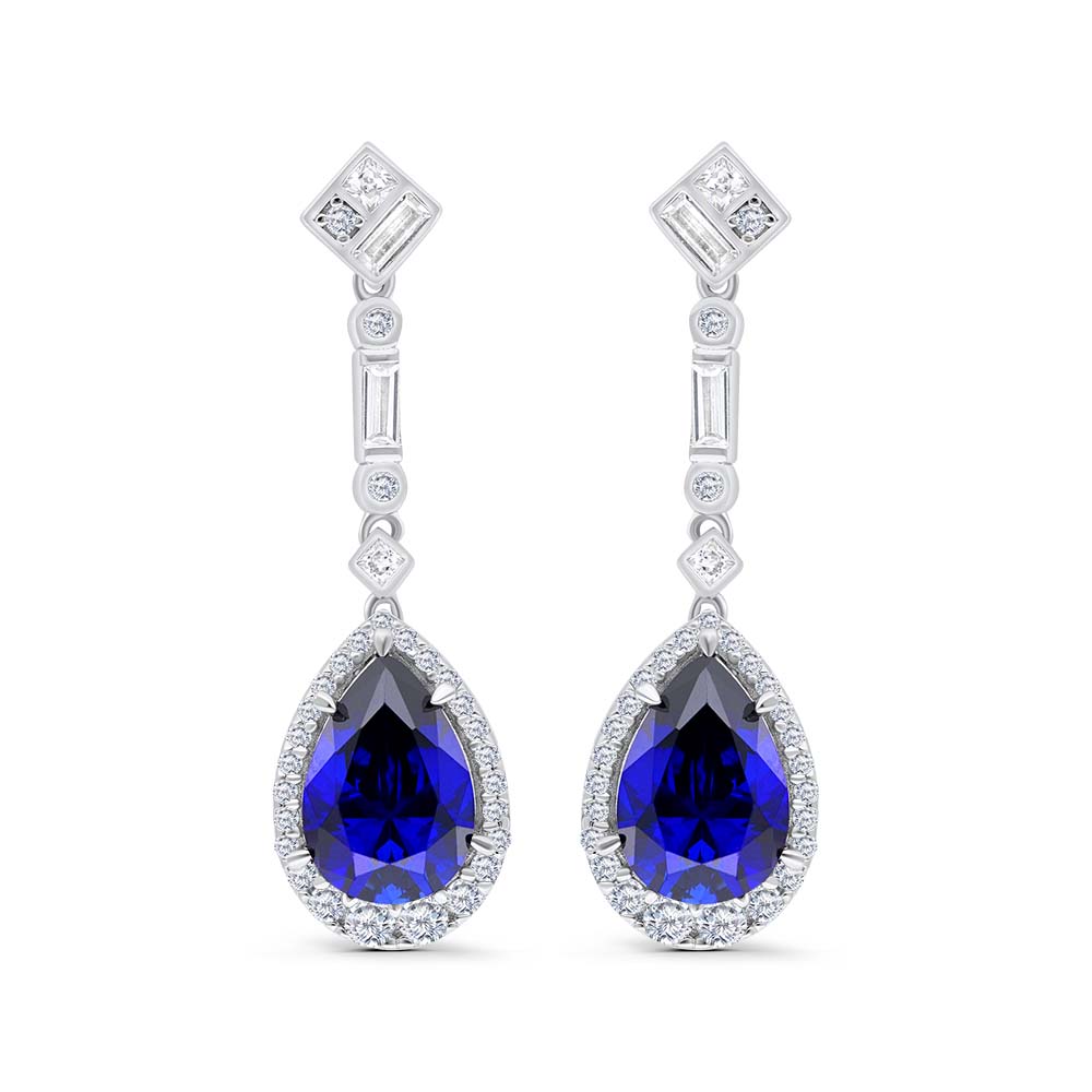 Sterling Silver 925 Earring Rhodium Plated Embedded With Sapphire Corundum And White Zircon