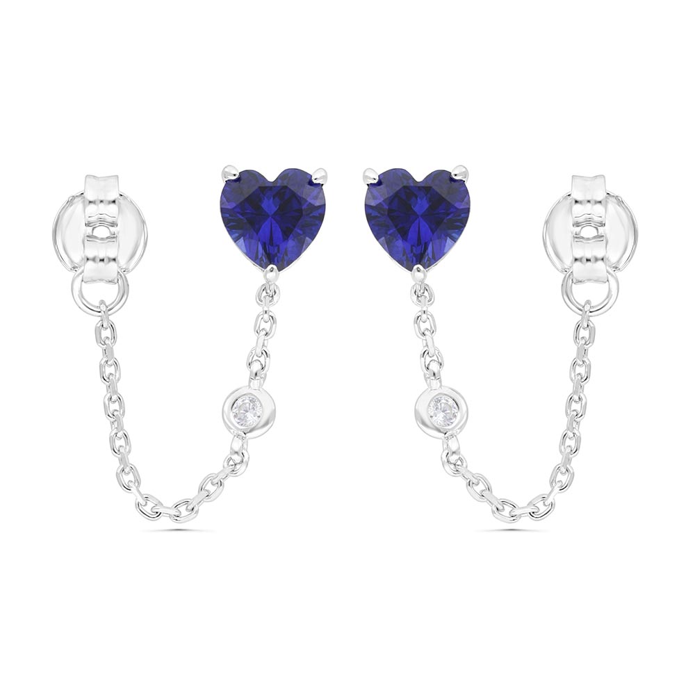 Sterling Silver 925 Earring Rhodium Plated Embedded With Sapphire Corundum And White Zircon