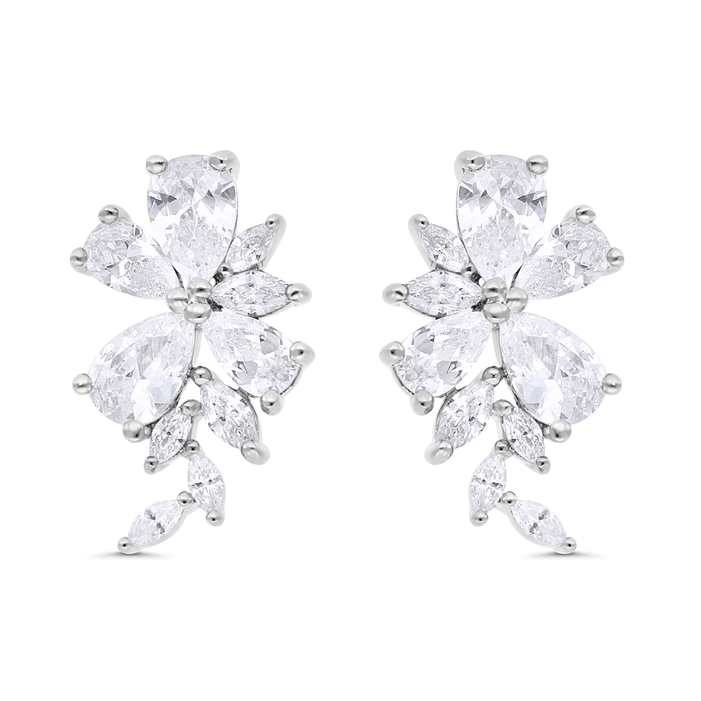 Sterling Silver 925 Earring Rhodium Plated Embedded With White Zircon