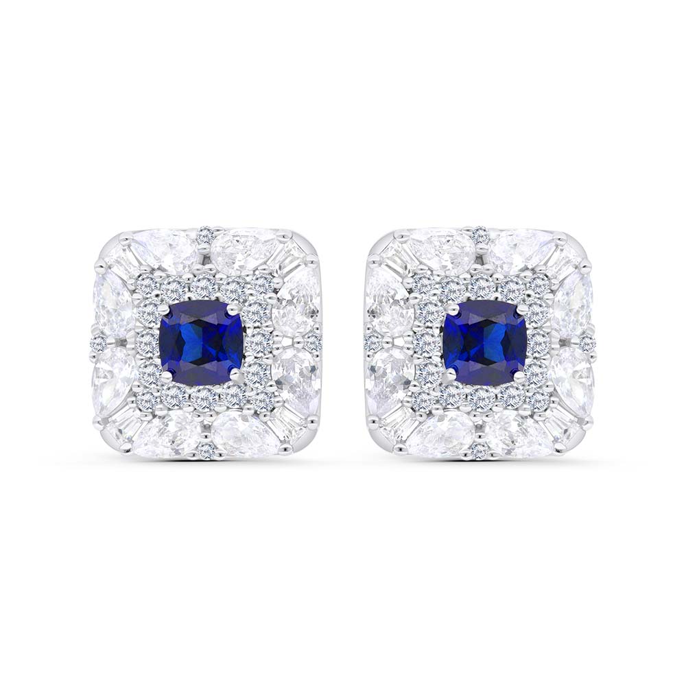 Sterling Silver 925 Earring Rhodium Plated Embedded With Sapphire Corundum And White Zircon