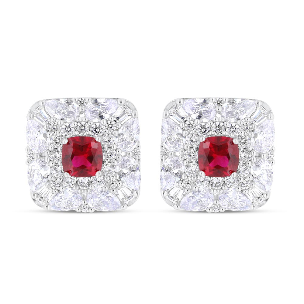 Sterling Silver 925 Earring Rhodium Plated Embedded With Ruby Corundum And White Zircon