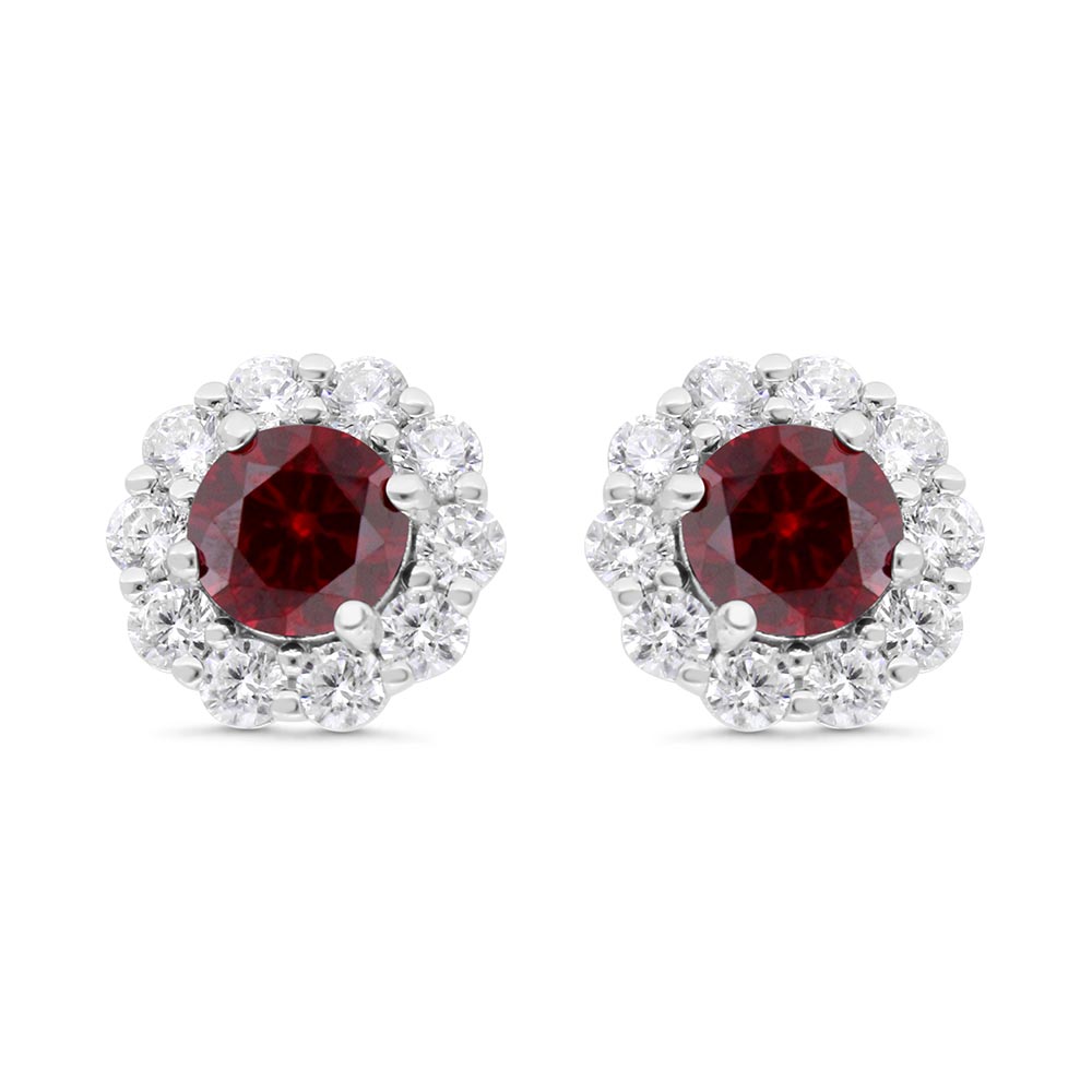 Sterling Silver 925 Earring Rhodium Plated Embedded With Ruby Corundum And White Zircon