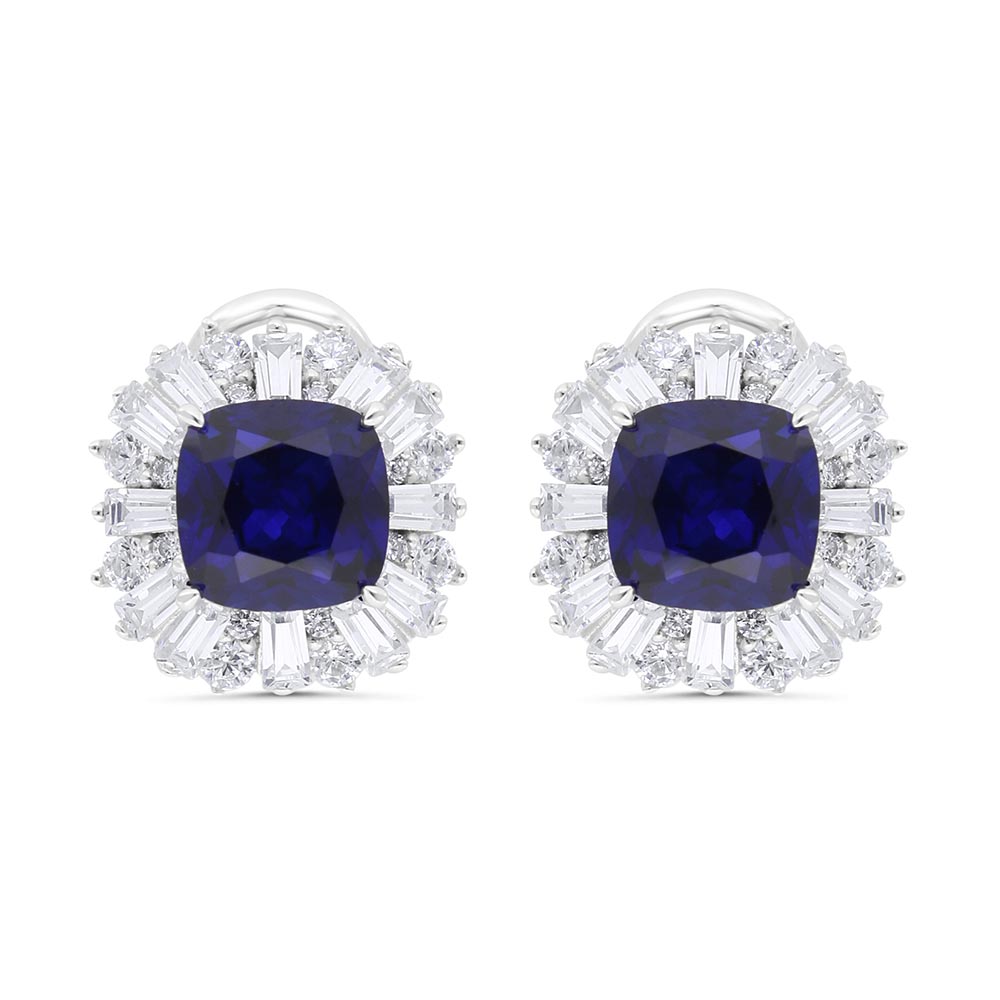 Sterling Silver 925 Earring Rhodium Plated Embedded With Sapphire Corundum And White Zircon