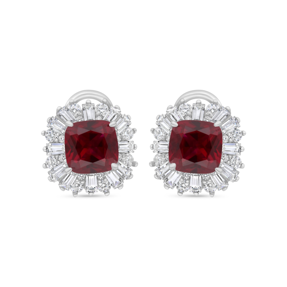 Sterling Silver 925 Earring Rhodium Plated Embedded With Ruby Corundum And White Zircon