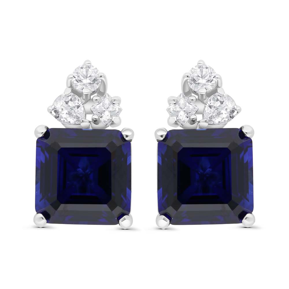 Sterling Silver 925 Earring Rhodium Plated Embedded With Sapphire Corundum And White Zircon