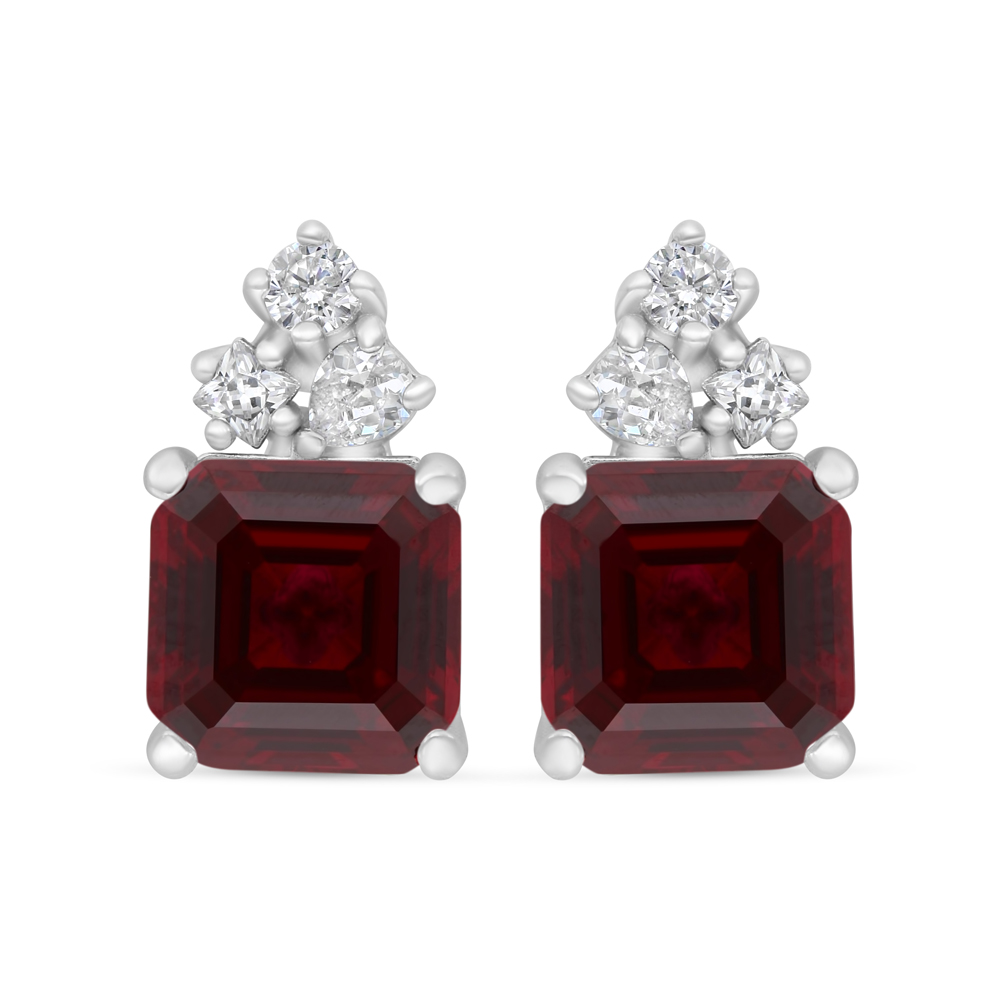 Sterling Silver 925 Earring Rhodium Plated Embedded With Ruby Corundum And White Zircon