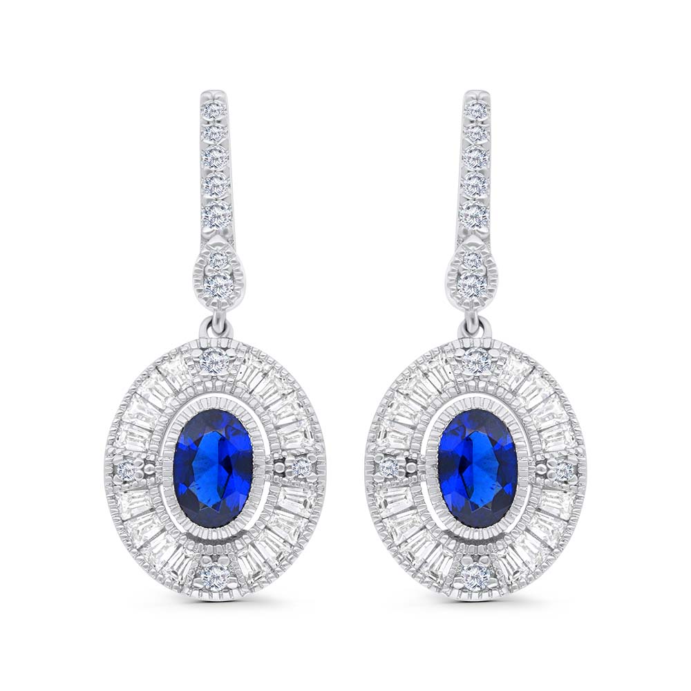 Sterling Silver 925 Earring Rhodium Plated Embedded With Sapphire Corundum And White Zircon