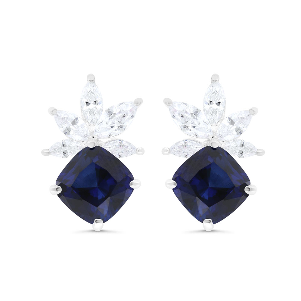 Sterling Silver 925 Earring Rhodium Plated Embedded With Sapphire Corundum And White Zircon