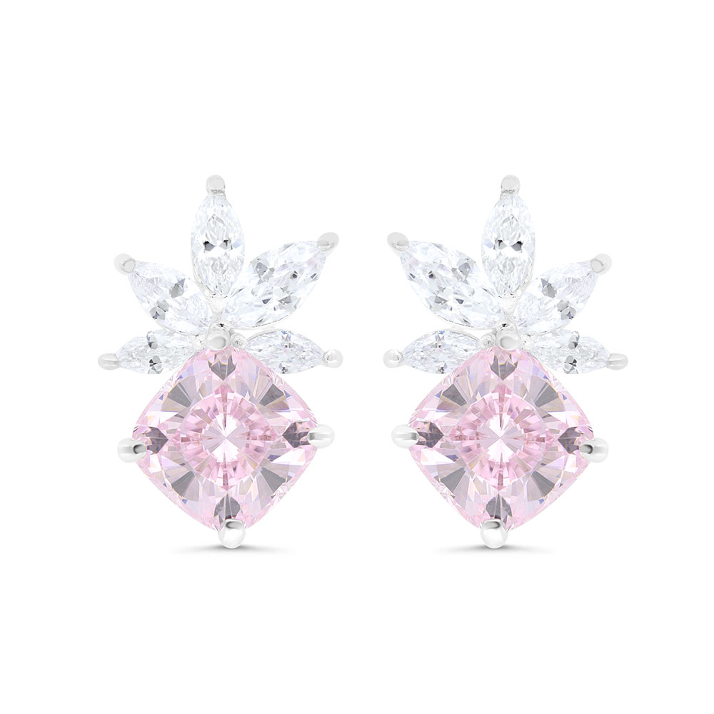 Sterling Silver 925 Earring Rhodium Plated Embedded With Pink Zircon And White Zircon