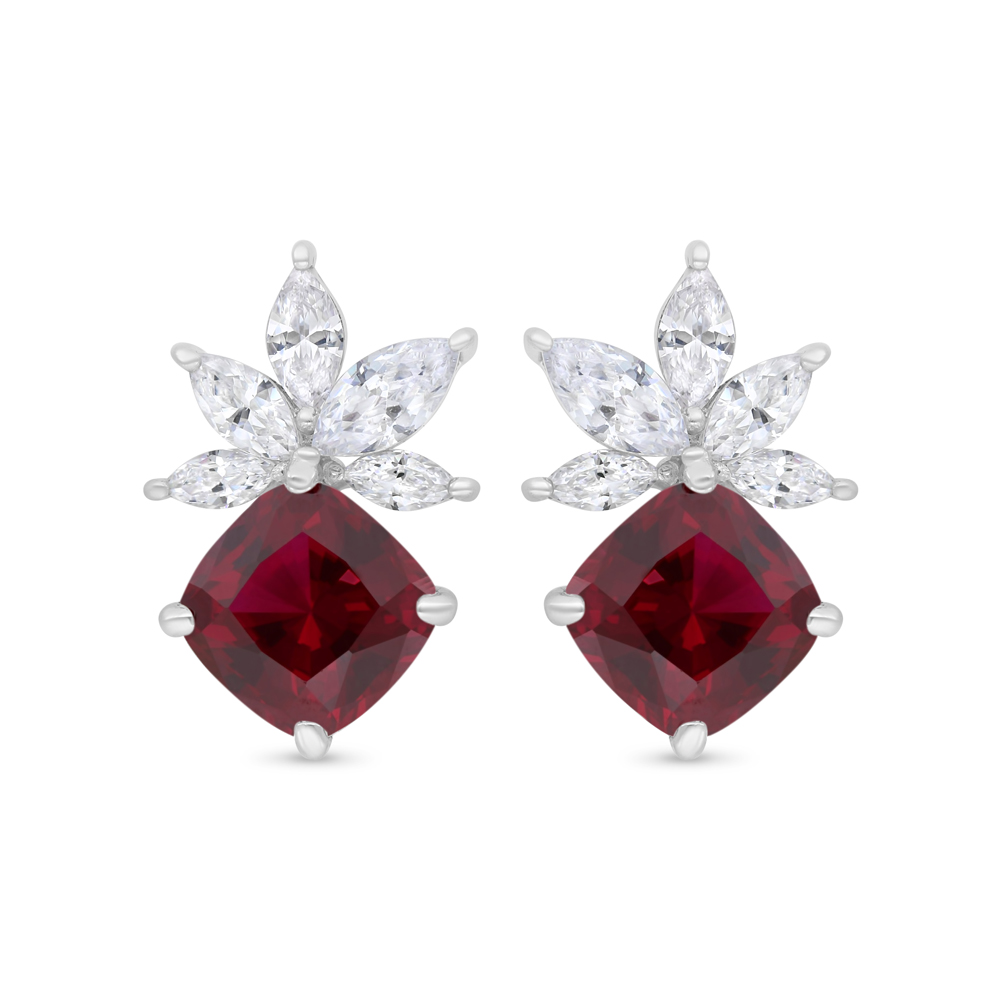 Sterling Silver 925 Earring Rhodium Plated Embedded With Ruby Corundum And White Zircon