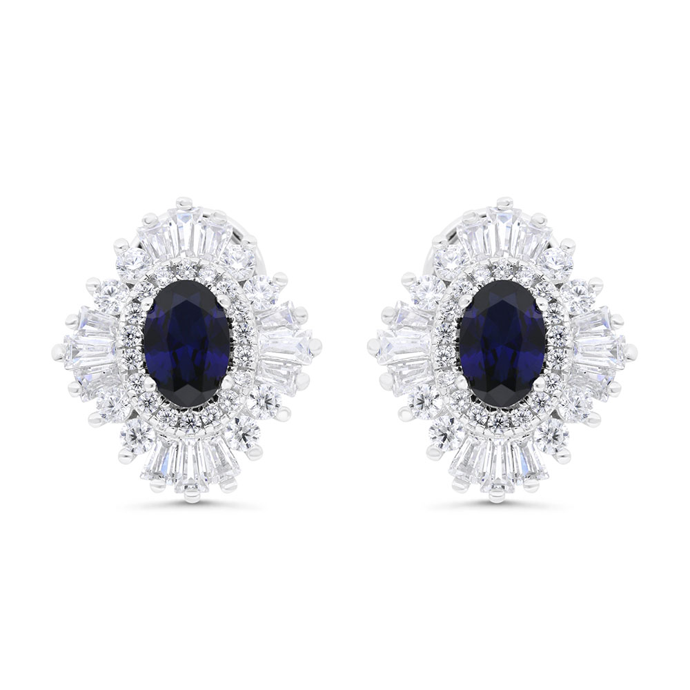 Sterling Silver 925 Earring Rhodium Plated Embedded With Sapphire Corundum And White Zircon