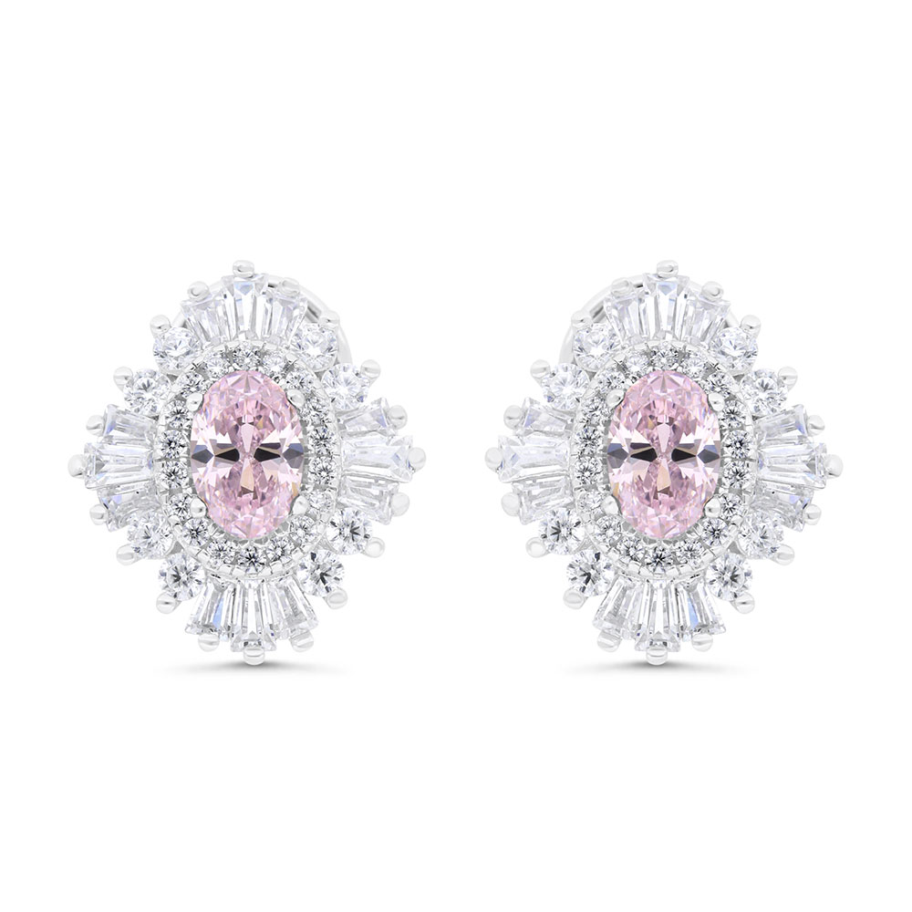 Sterling Silver 925 Earring Rhodium Plated Embedded With Pink Zircon And White Zircon