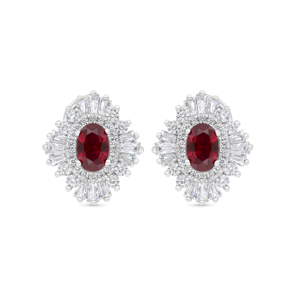 Sterling Silver 925 Earring Rhodium Plated Embedded With Ruby Corundum And White Zircon