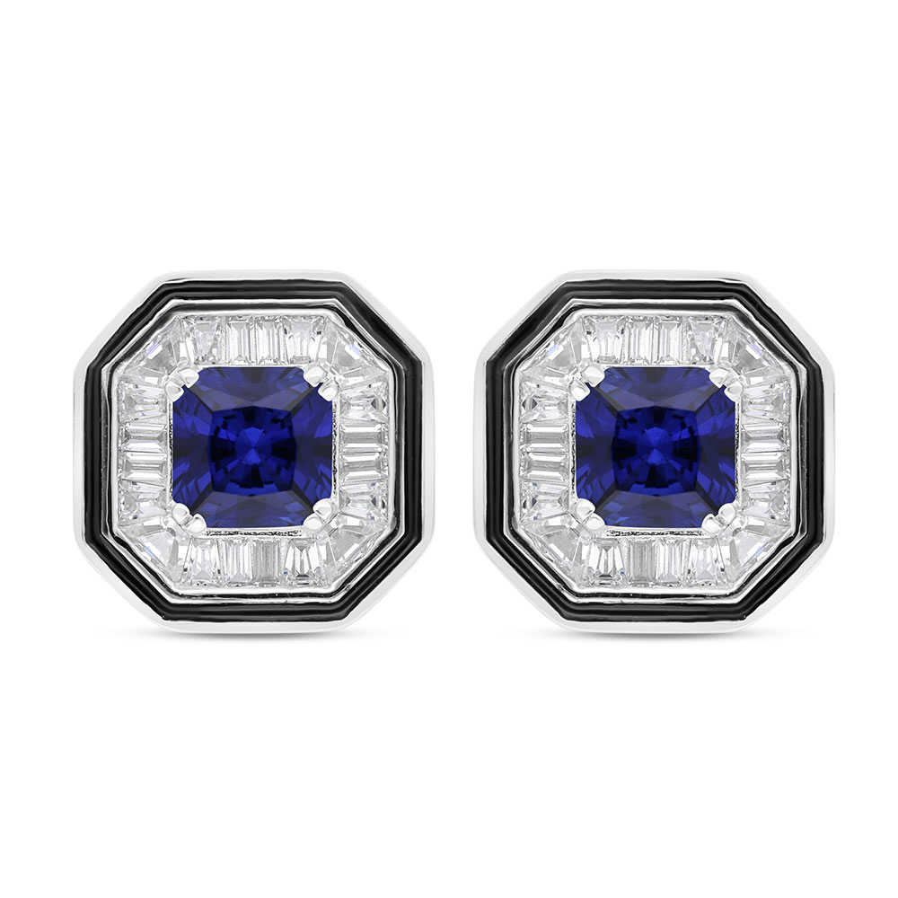 Sterling Silver 925 Earring Rhodium Plated Embedded With Sapphire Corundum And White Zircon