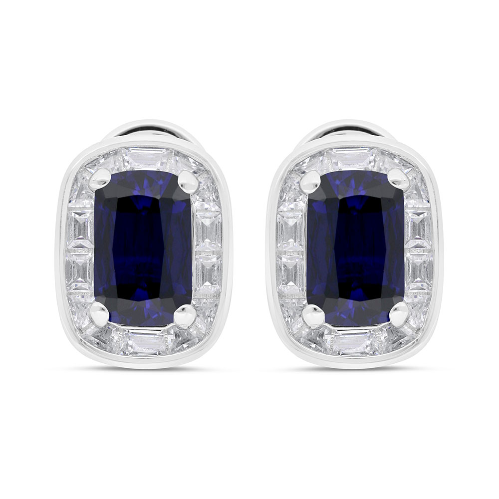 Sterling Silver 925 Earring Rhodium Plated Embedded With Sapphire Corundum And White Zircon