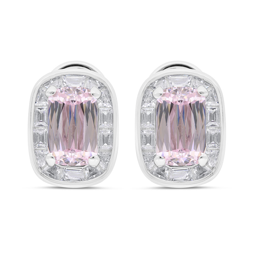 Sterling Silver 925 Earring Rhodium Plated Embedded With Pink Zircon And White Zircon