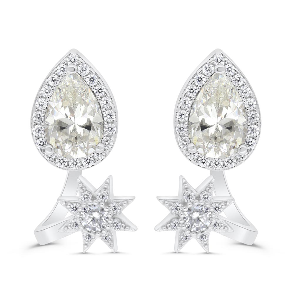 Sterling Silver 925 Earring Rhodium Plated Embedded With Yellow Zircon And White Zircon