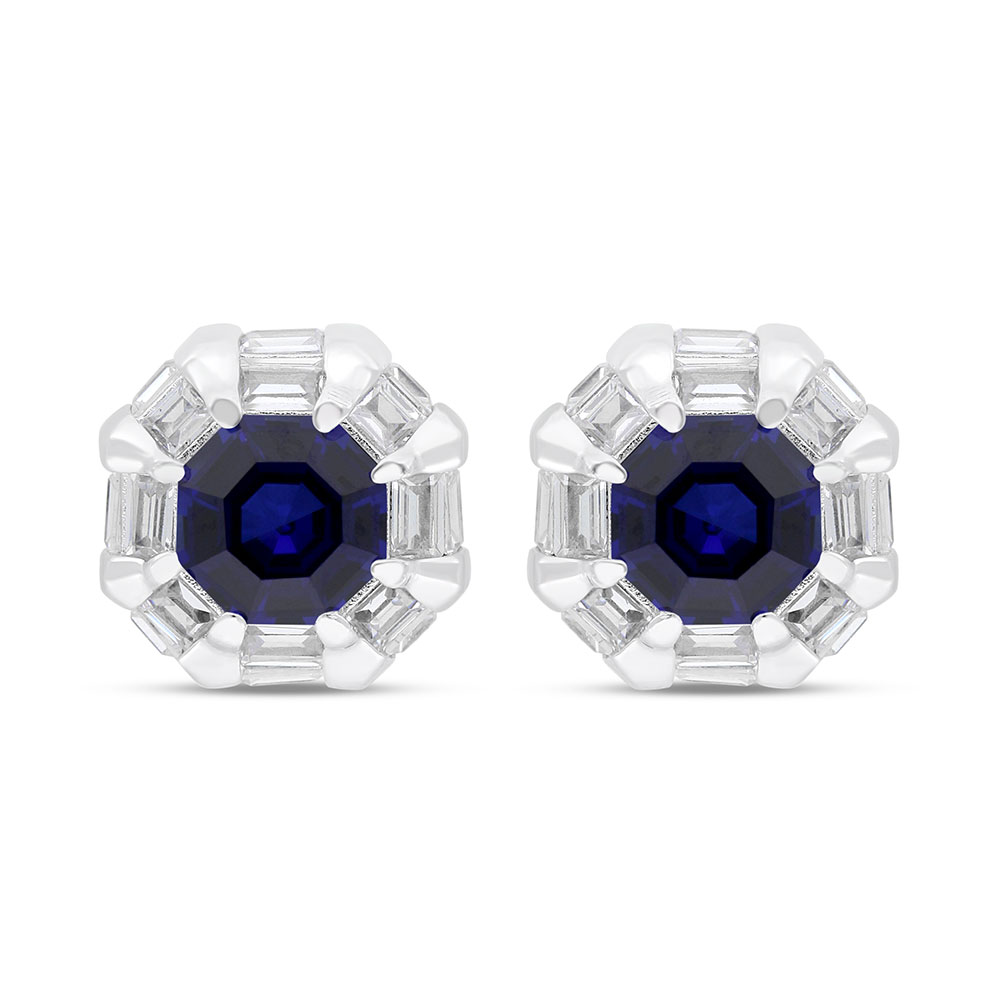 Sterling Silver 925 Earring Rhodium Plated Embedded With Sapphire Corundum And White Zircon