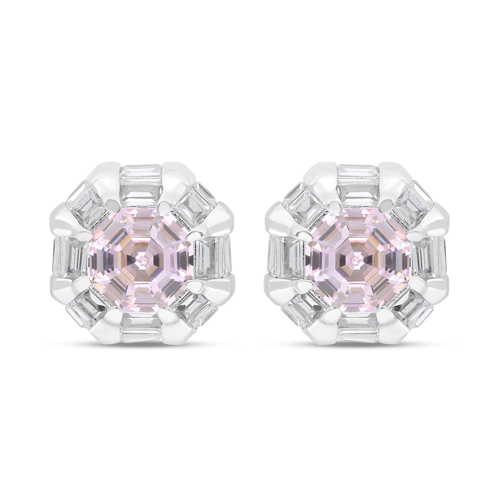 Sterling Silver 925 Earring Rhodium Plated Embedded With Pink Zircon And White Zircon