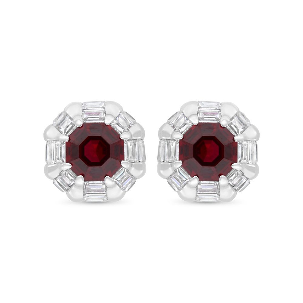 Sterling Silver 925 Earring Rhodium Plated Embedded With Ruby Corundum And White Zircon