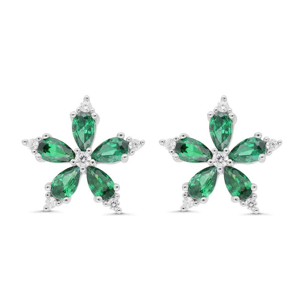 Sterling Silver 925 Earring Rhodium Plated Embedded With Emerald Zircon And White Zircon