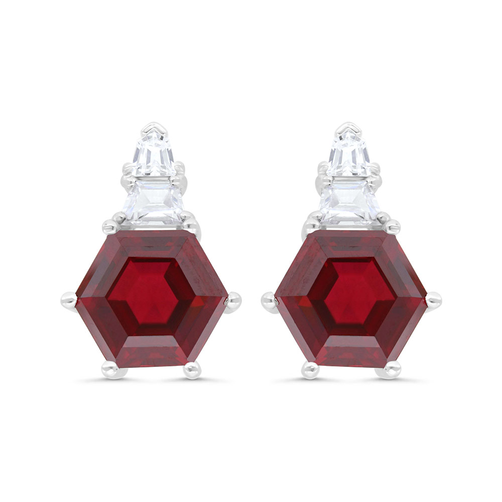 Sterling Silver 925 Earring Rhodium Plated Embedded With Ruby Corundum And White Zircon