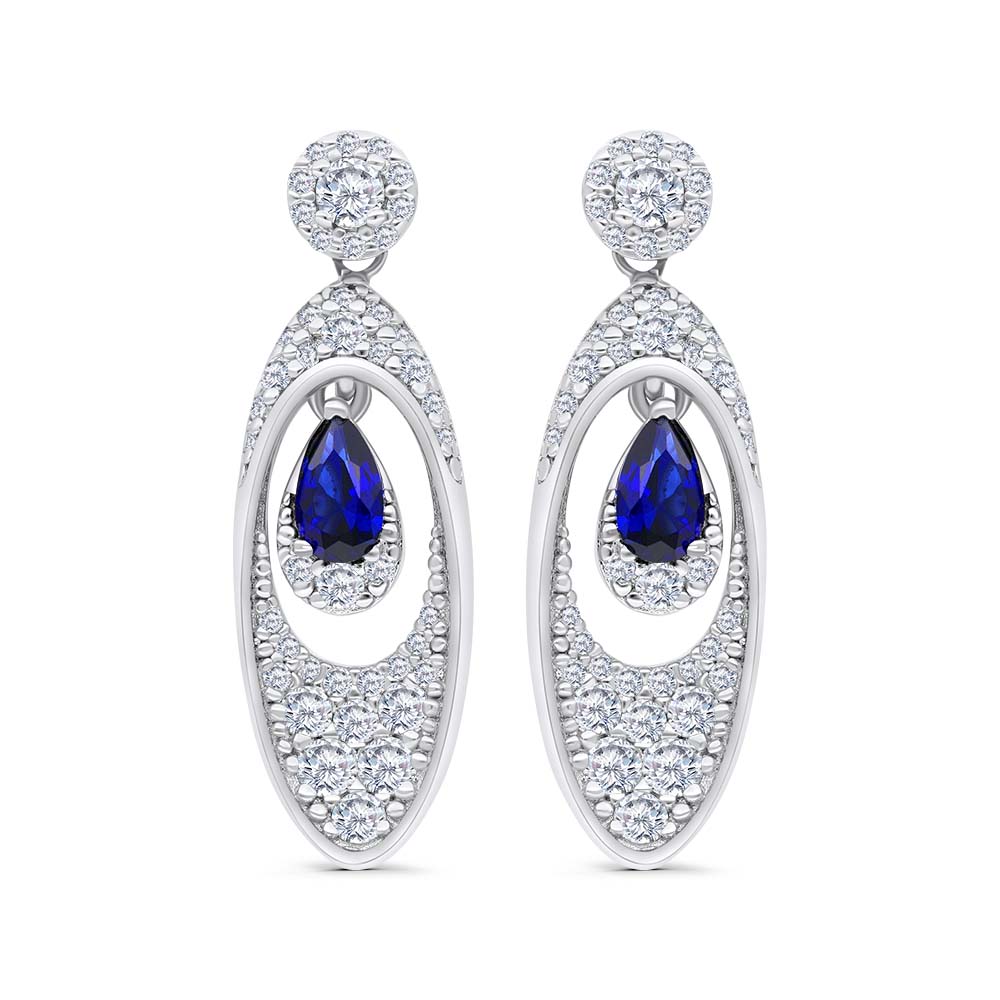 Sterling Silver 925 Earring Rhodium Plated Embedded With Sapphire Corundum And White Zircon