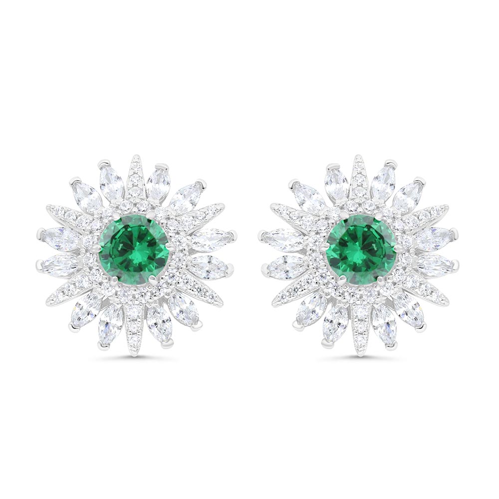 Sterling Silver 925 Earring Rhodium Plated Embedded With Emerald Zircon And White Zircon