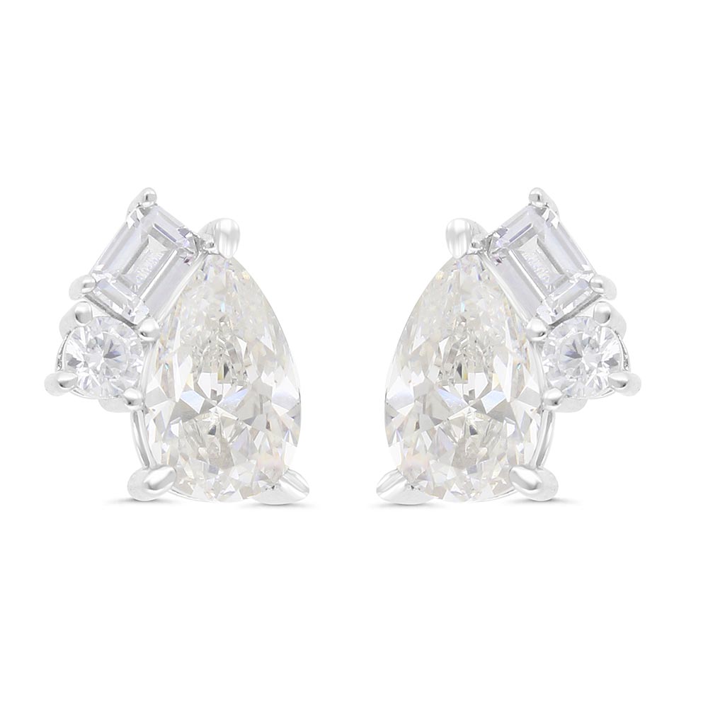 Sterling Silver 925 Earring Rhodium Plated Embedded With Yellow Zircon And White Zircon