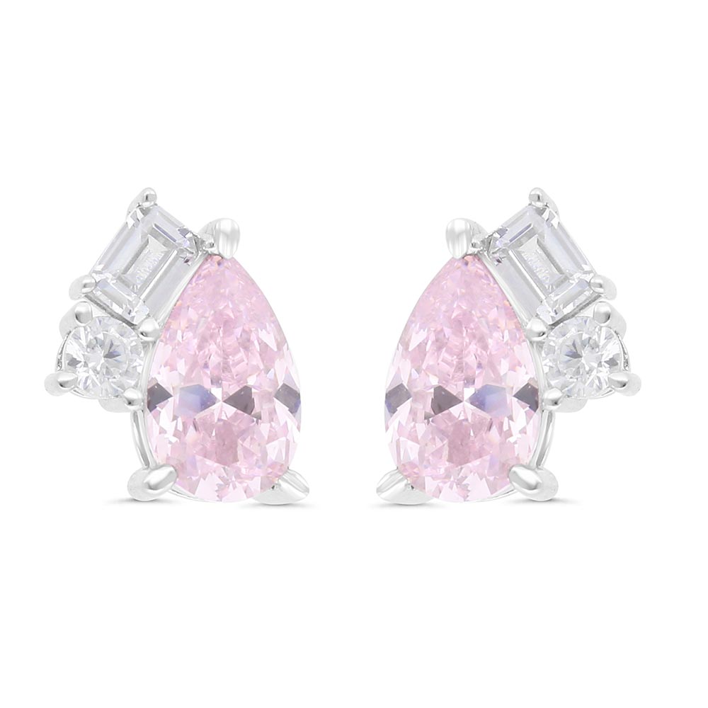 Sterling Silver 925 Earring Rhodium Plated Embedded With pink Zircon And White Zircon