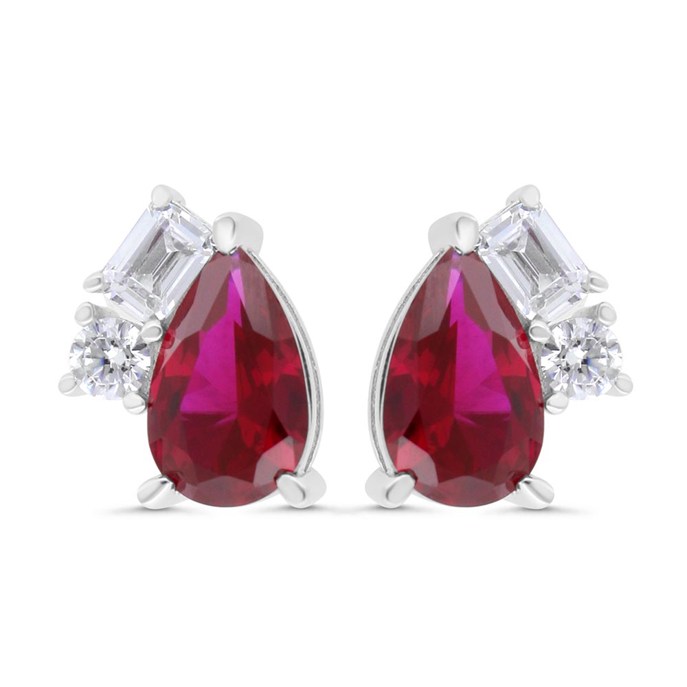 Sterling Silver 925 Earring Rhodium Plated Embedded With Ruby Corundum And White Zircon