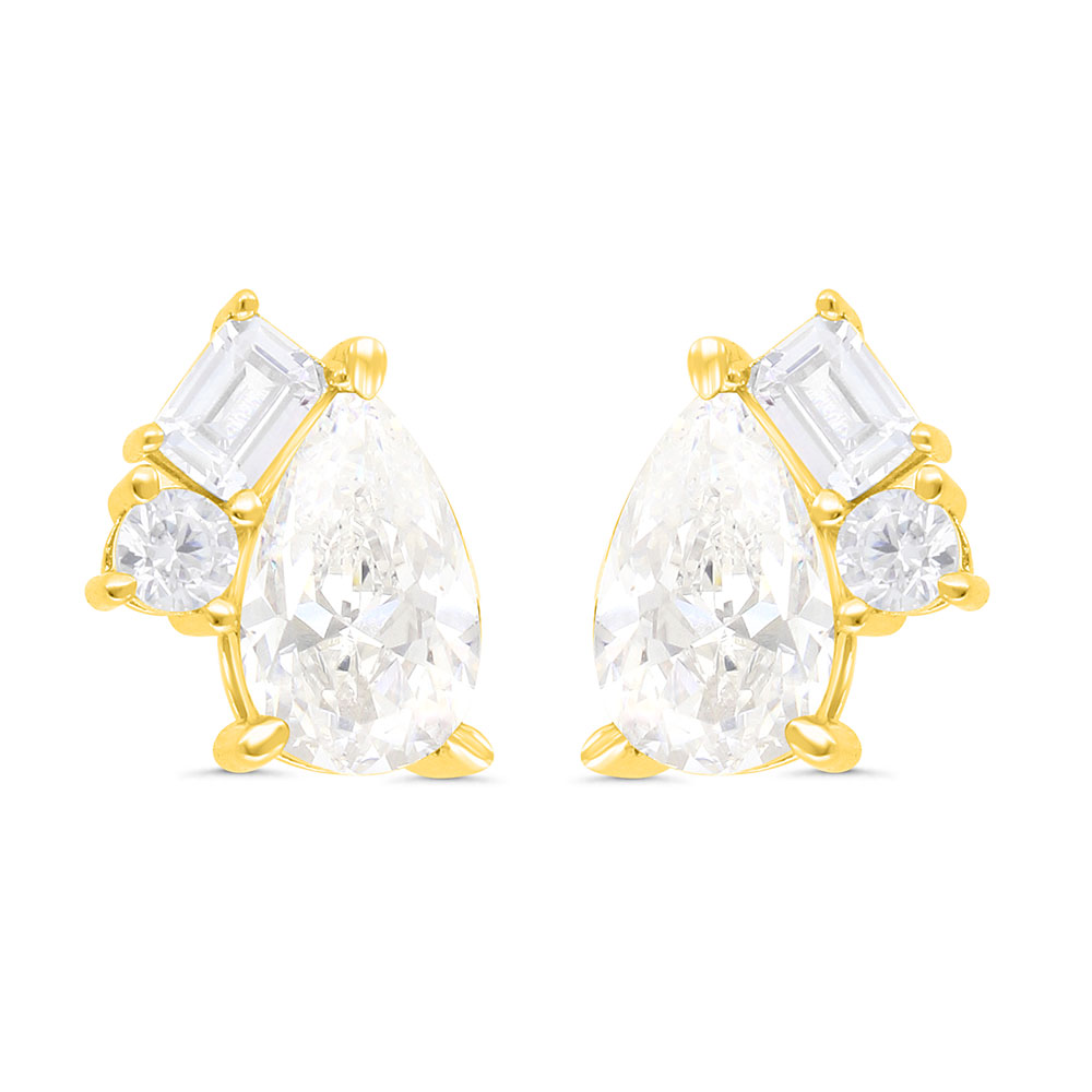 Sterling Silver 925 Earring Gold Plated Embedded With Yellow Zircon And White Zircon