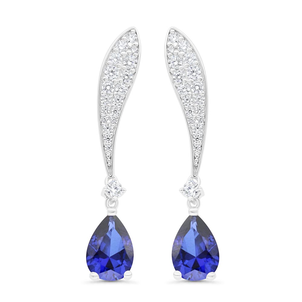 Sterling Silver 925 Earring Rhodium Plated Embedded With Sapphire Corundum And White Zircon