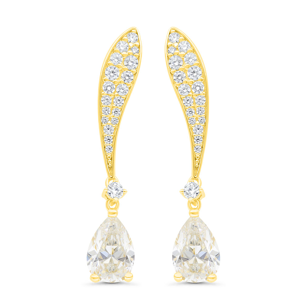 Sterling Silver 925 Earring Rhodium Plated Embedded With Yellow Zircon And White Zircon