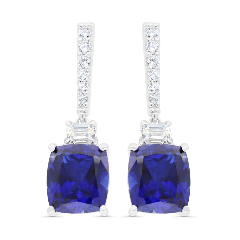 Sterling Silver 925 Earring Rhodium Plated Embedded With Sapphire Corundum And White Zircon