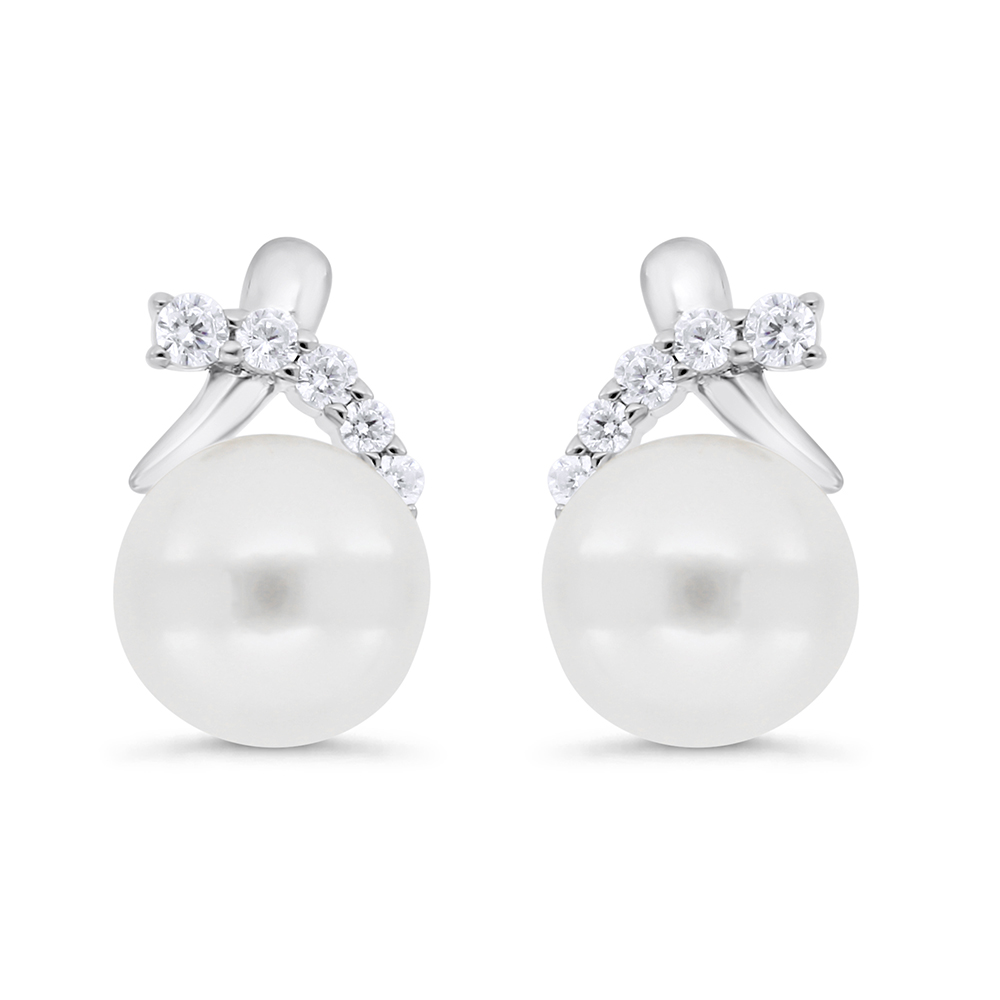 Sterling Silver 925 Earring Rhodium Plated Embedded With Natural White Pearl And White Zircon