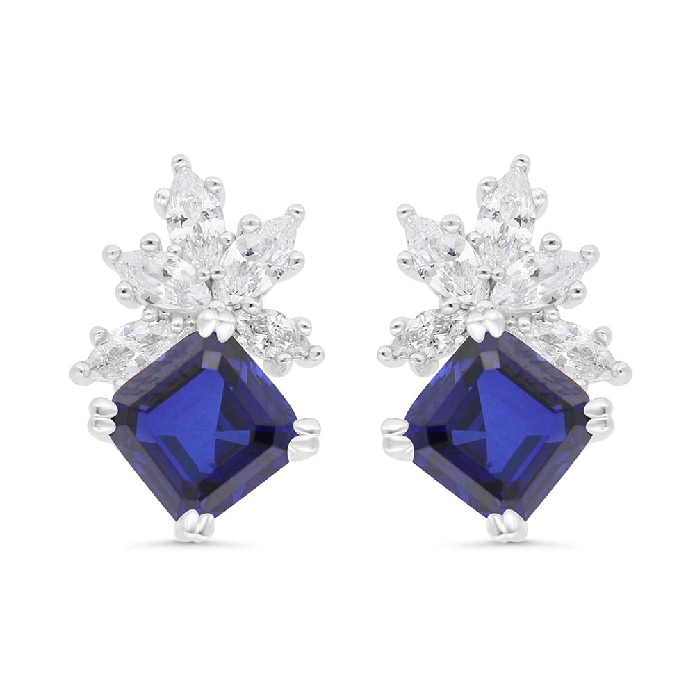 Sterling Silver 925 Earring Rhodium Plated Embedded With Sapphire Corundum And White Zircon