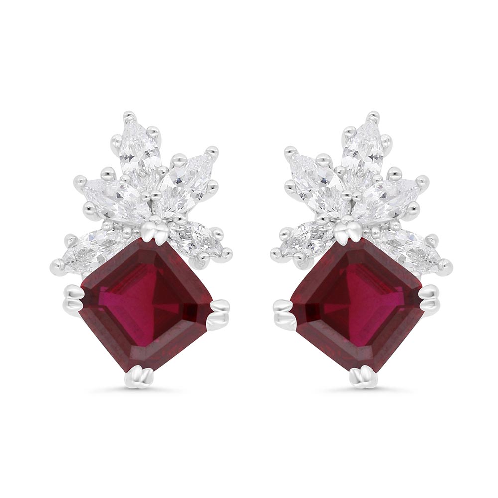 Sterling Silver 925 Earring Rhodium Plated Embedded With Ruby Corundum And White Zircon