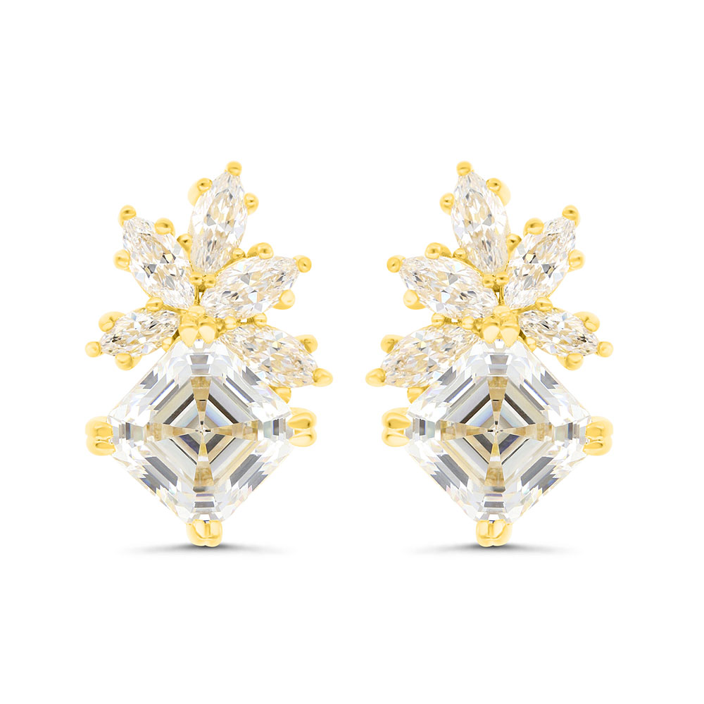 Sterling Silver 925 Earring Gold Plated Embedded With Yellow Zircon And White Zircon