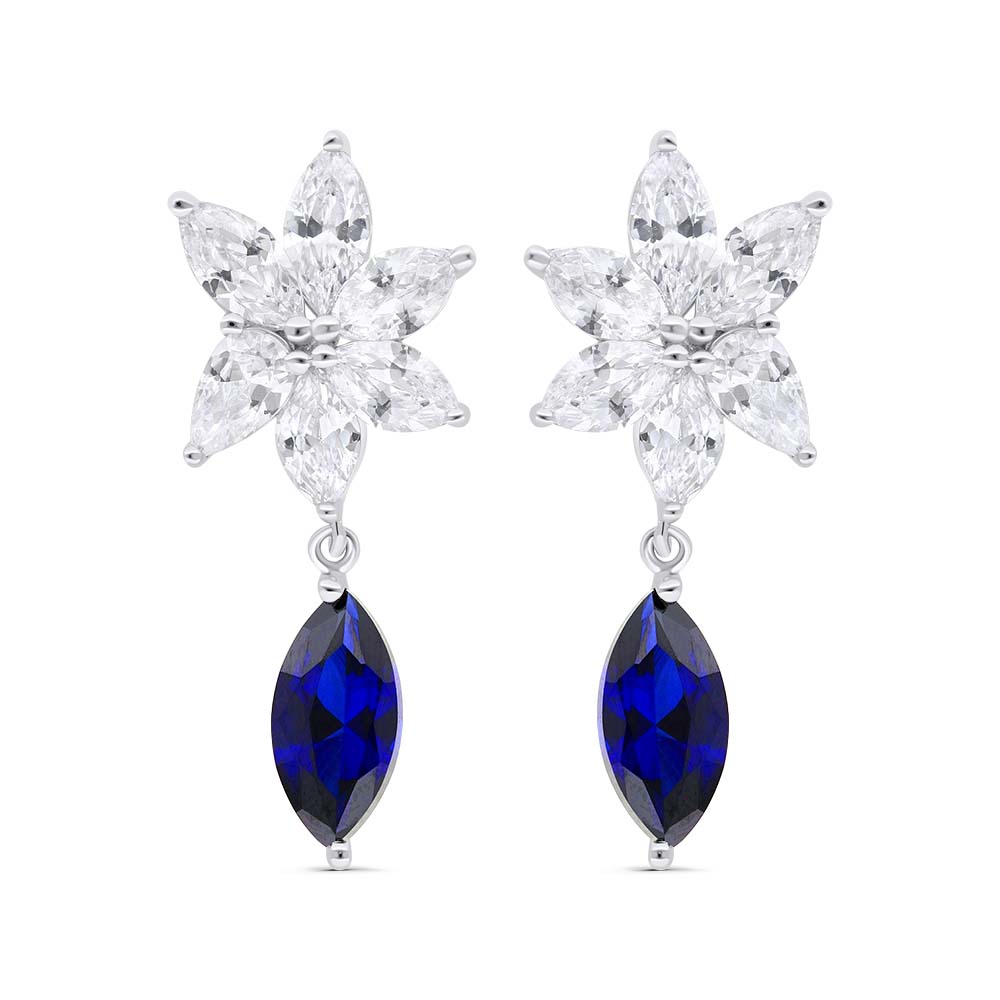 Sterling Silver 925 Earring Rhodium Plated Embedded With Sapphire Corundum And White Zircon